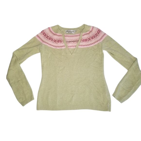 Y2K Tommy Hilfiger Nordic Fair Isle V Neck Sweater Green Pink Small Angora - Picture 9 of 10